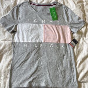 Tommy Hilfiger Gray White Pink Colorblock Logo Tee